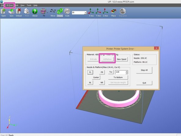 How to clean the UP! Plus 2 gearbox, Removing the Filament: crwdns2935265:03crwdnd2935265:02crwdnd2935265:03crwdne2935265:0