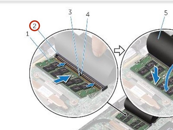 Dell Inspiron 5379 Memory Modules Replacement, Sliding the Memory Module: step 5, image 2 of 2