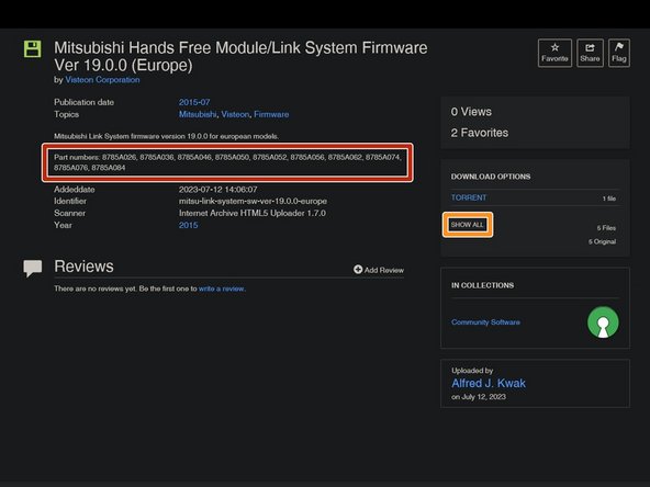 Mitsubishi Hands Free Module Firmware Update (AM/FM-ST Electronic Tuning Radio, CD Player, DY-5W69U), Download the Firmware: step 5, image 1 of 2