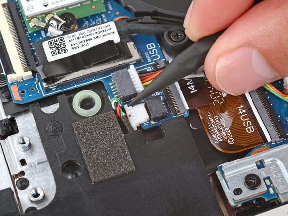 HP EliteBook 845 G7 Smart Card Reader Replacement, Disconnect the left speaker: crwdns2935265:010crwdnd2935265:03crwdnd2935265:03crwdne2935265:0