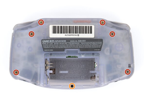 How to Reshell Your Game Boy Advance, Remove the back shell screws: crwdns2935265:04crwdnd2935265:01crwdnd2935265:02crwdne2935265:0