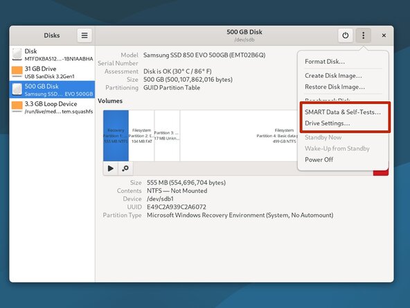 Diagnosing and Erasing SSDs (Solid State Drive), Linux, SATA SSDs - SMART data check: 手順 5、 3の画像 1