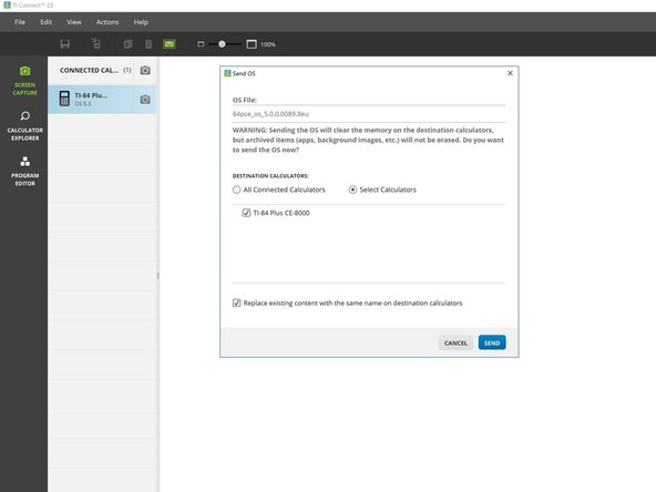 TI-84 Plus CE Recovery Techniques., Re-install the OS (Part 3: Sending the OS): crwdns2935265:06crwdnd2935265:03crwdnd2935265:03crwdne2935265:0