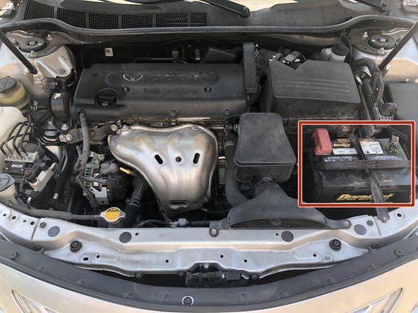 2009 Toyota Camry SE Fog light bulb, lamp, and housing Replacement, Disconnect the car battery: step 2, image 1 of 3