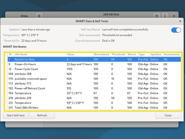 Diagnosing and Erasing SSDs (Solid State Drive), Linux, SATA SSDs - SMART data check: 手順 5、 3の画像 3