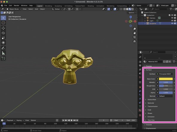Getting Started with Blender, Changing Object Materials: crwdns2935265:010crwdnd2935265:03crwdnd2935265:03crwdne2935265:0