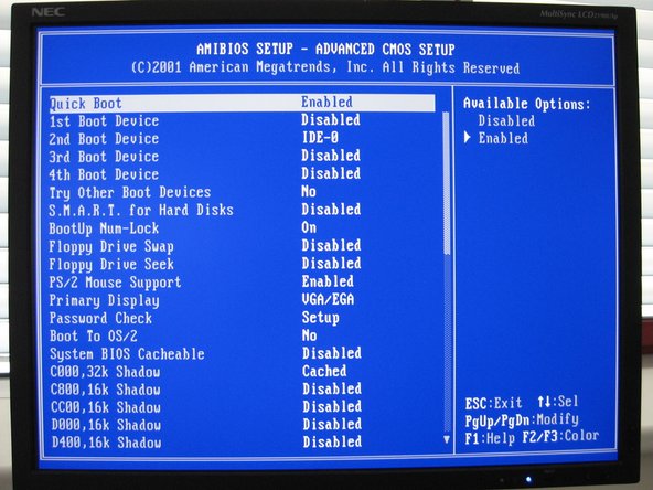 ZPrinter 650 Mainboard Replacement, Configure BIOS Settings, Part 1: crwdns2935265:010crwdnd2935265:02crwdnd2935265:03crwdne2935265:0