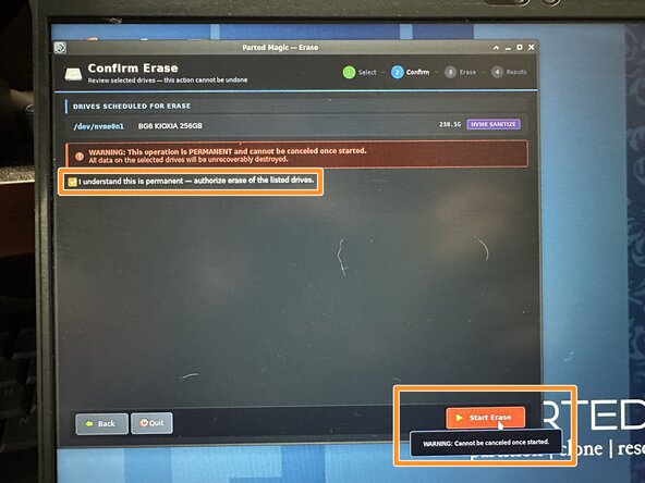 Diagnosing and Erasing SSDs and eMMC - Parted magic Legacy and 3/26+ builds, Parted Magic - Erasing SSDs - post 3/2026 builds: step 10, image 2 of 3