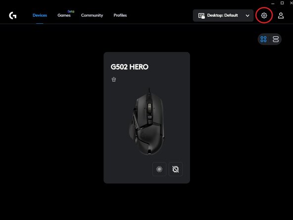 Logitech G Pro Wireless LIGHTSPEED USB Receiver Replacement, Click on the gear icon on the top right to open the Settings page.: step 3, image 1 of 1