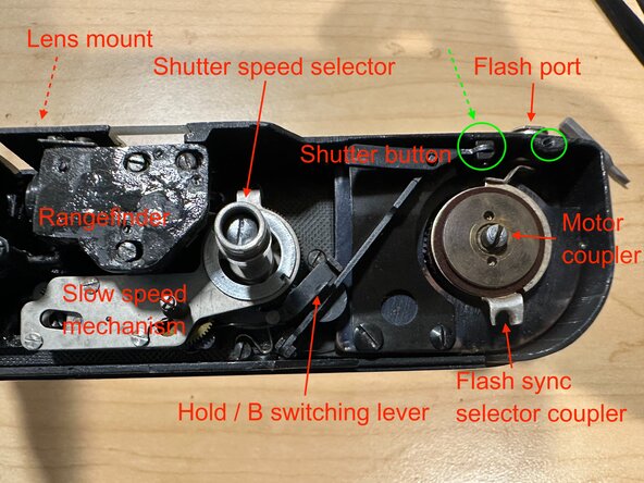 Cleaning & lubricating a GOMZ Leningrad, Remove the shutter button and flash port: crwdns2935265:03crwdnd2935265:01crwdnd2935265:03crwdne2935265:0