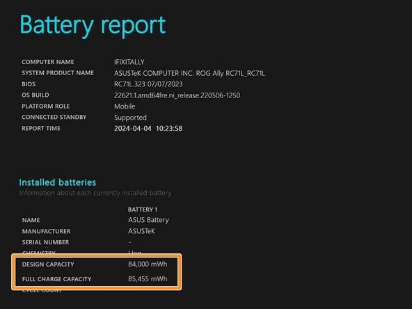 Asus ROG Ally Battery Mod, Check battery stats: crwdns2935265:020crwdnd2935265:02crwdnd2935265:02crwdne2935265:0