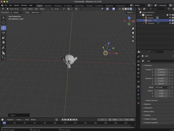 Getting Started with Blender, Moving Objects in a Scene: crwdns2935265:09crwdnd2935265:03crwdnd2935265:03crwdne2935265:0
