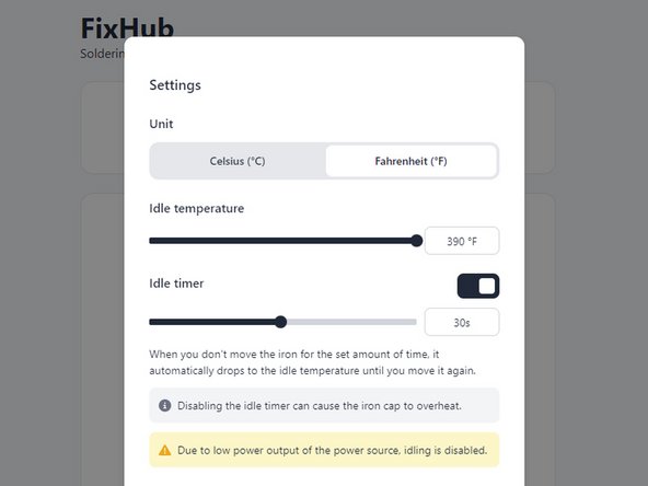How to Use the FixHub Web Console, Adjust the idle temperature: crwdns2935265:07crwdnd2935265:03crwdnd2935265:03crwdne2935265:0