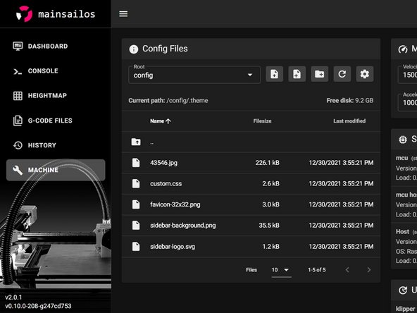 Replacing Duet 2 WiFi with Fysetc Spider v2.2, BLV Mainsail Theme: crwdns2935265:015crwdnd2935265:03crwdnd2935265:03crwdne2935265:0