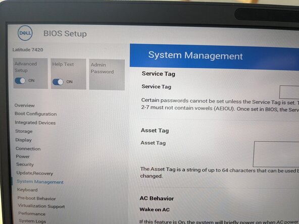 Dell latitude 7420 BIOS Admin Password Reset, Reach factory setup and re-enter the service tag: crwdns2935265:014crwdnd2935265:03crwdnd2935265:03crwdne2935265:0